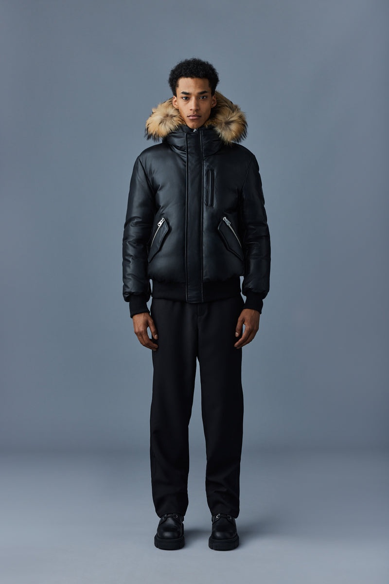 Mackage GLEN 2-in-1 (r) レザー with hooded bib & natural fur ボンバージャケット メンズ 黒 | 4530296-OL