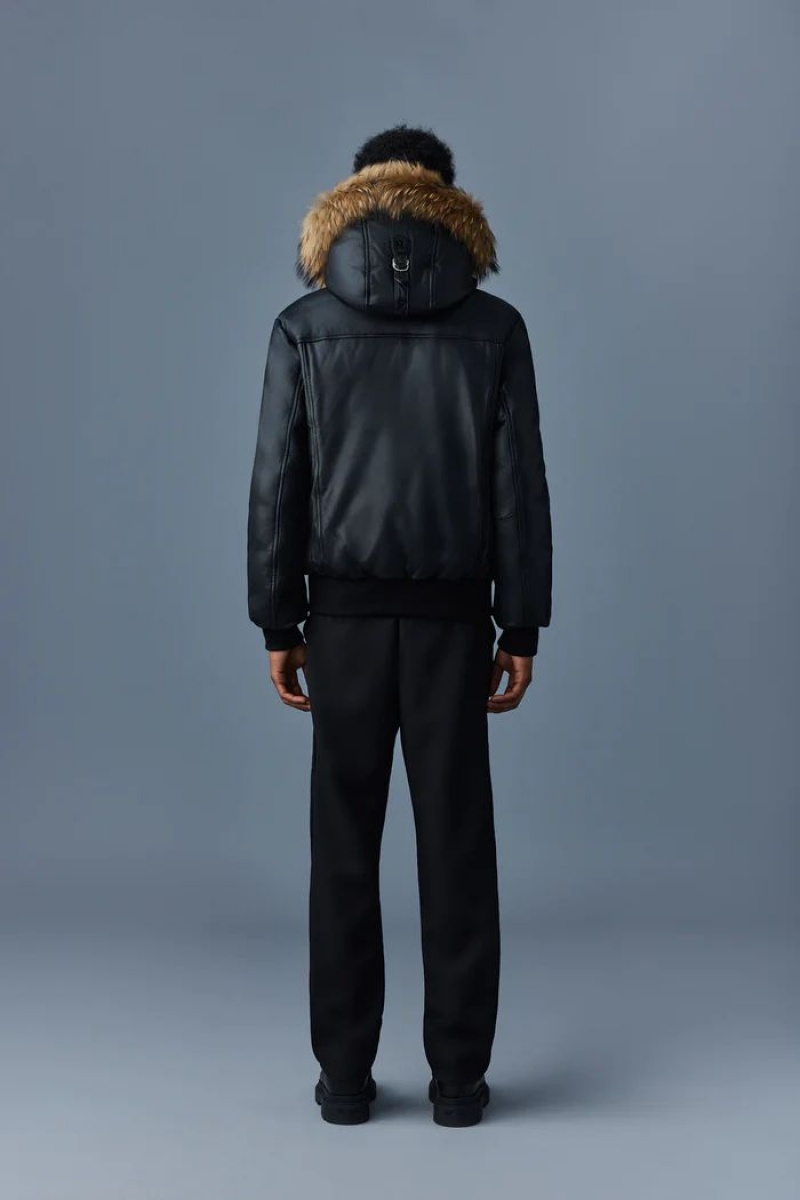 Mackage GLEN 2-in-1 (r) レザー with hooded bib & natural fur ボンバージャケット メンズ 黒 | 4530296-OL