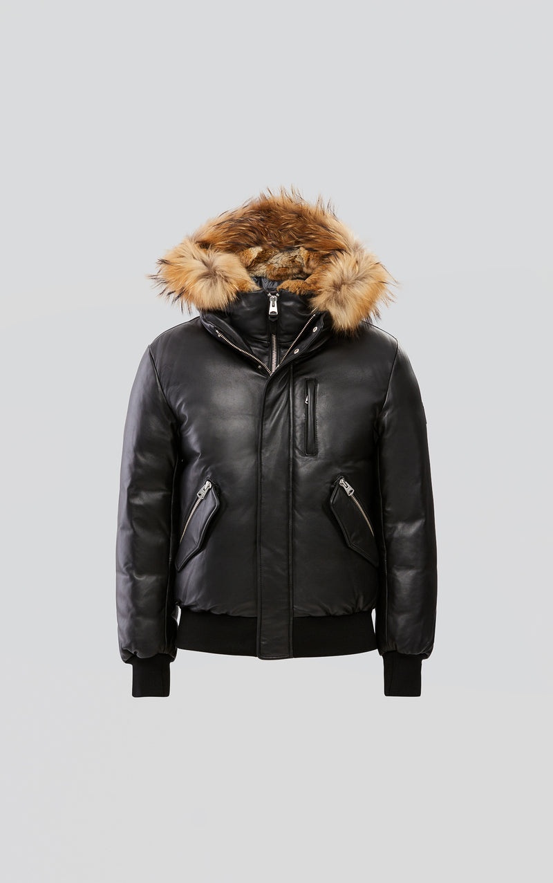 Mackage GLEN 2-in-1 (r) レザー with hooded bib & natural fur ボンバージャケット メンズ 黒 | 4530296-OL