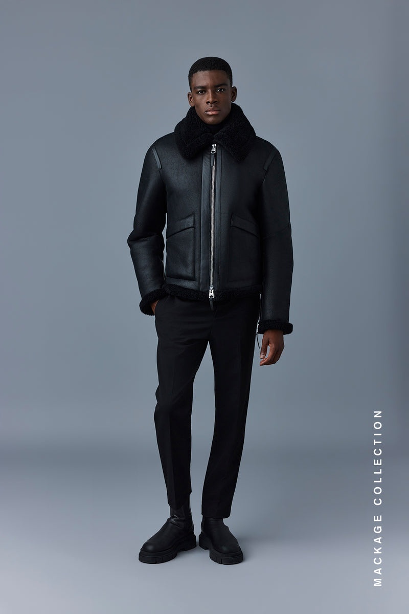 Mackage KRISTIAN Sheepskin with spread collar レザージャケット メンズ 黒 | 8731920-LM