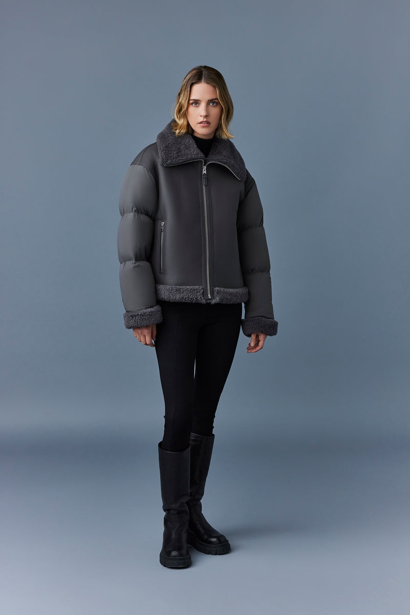 Mackage SENYA Agile-360 with shearling trim ダウンジャケット レディース 暗グレー | 8092671-YT